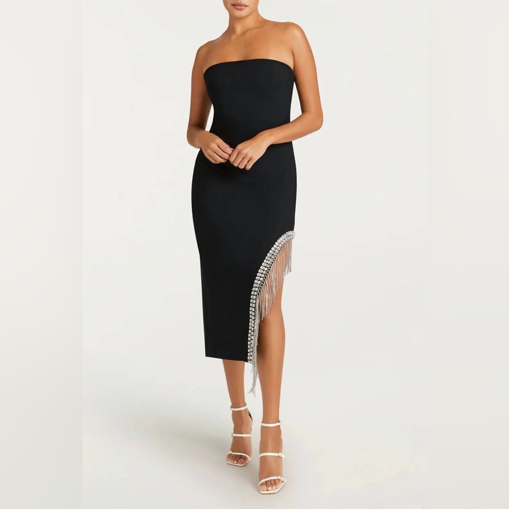 NEW Cinq à Sept Black Strapless Sammy Dress with Silver Rhinestone Fringe Size 2